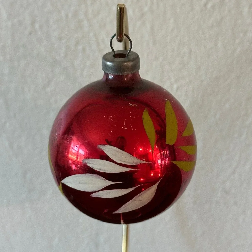 Vintage Heim Glass Christmas Ornament Hand Painted White Green Leaves 2.50''